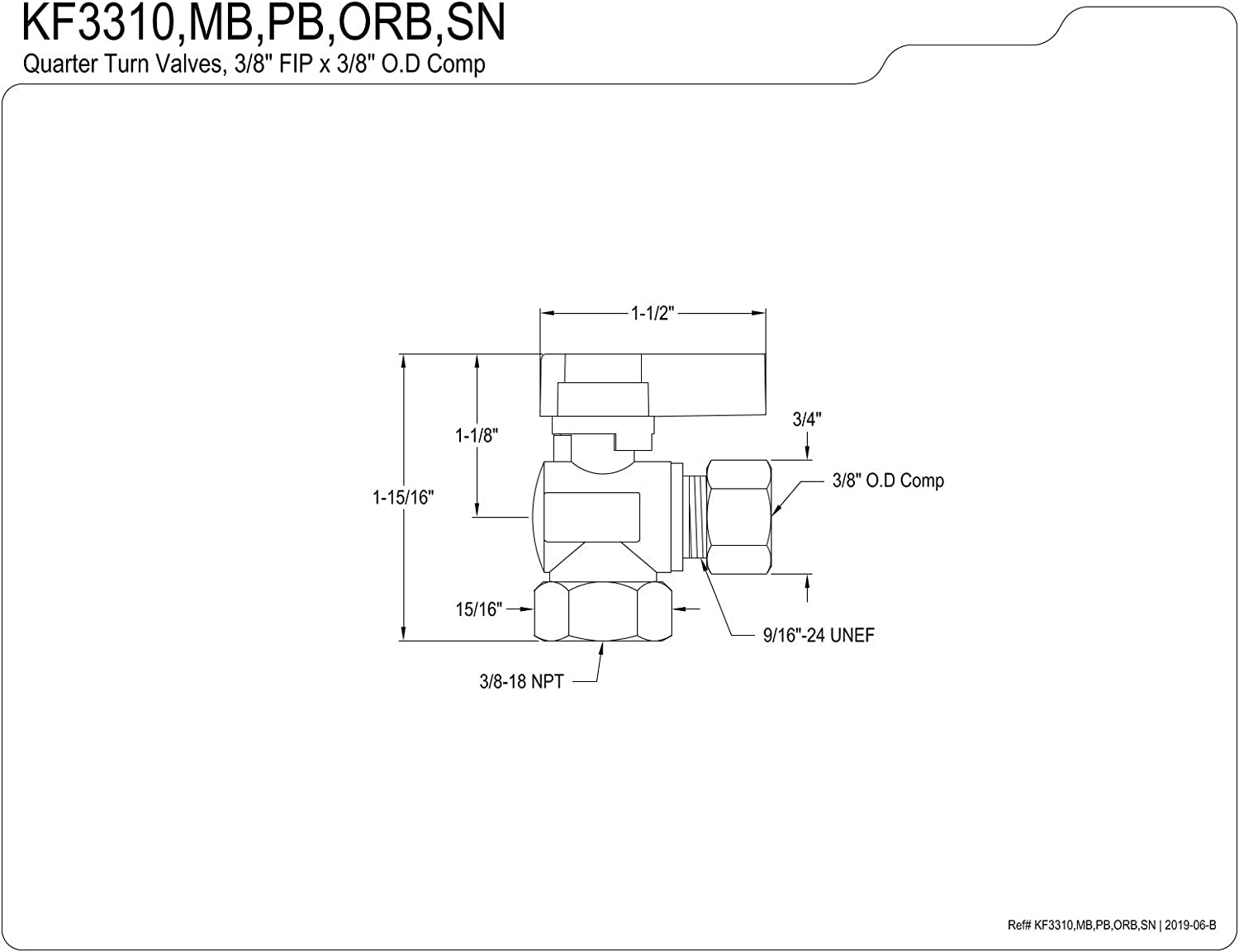 Kingston Brass KF3310PB Fip X 3/8 OD Comp Angle Stop Valve with Lever Handle, Polished Brass