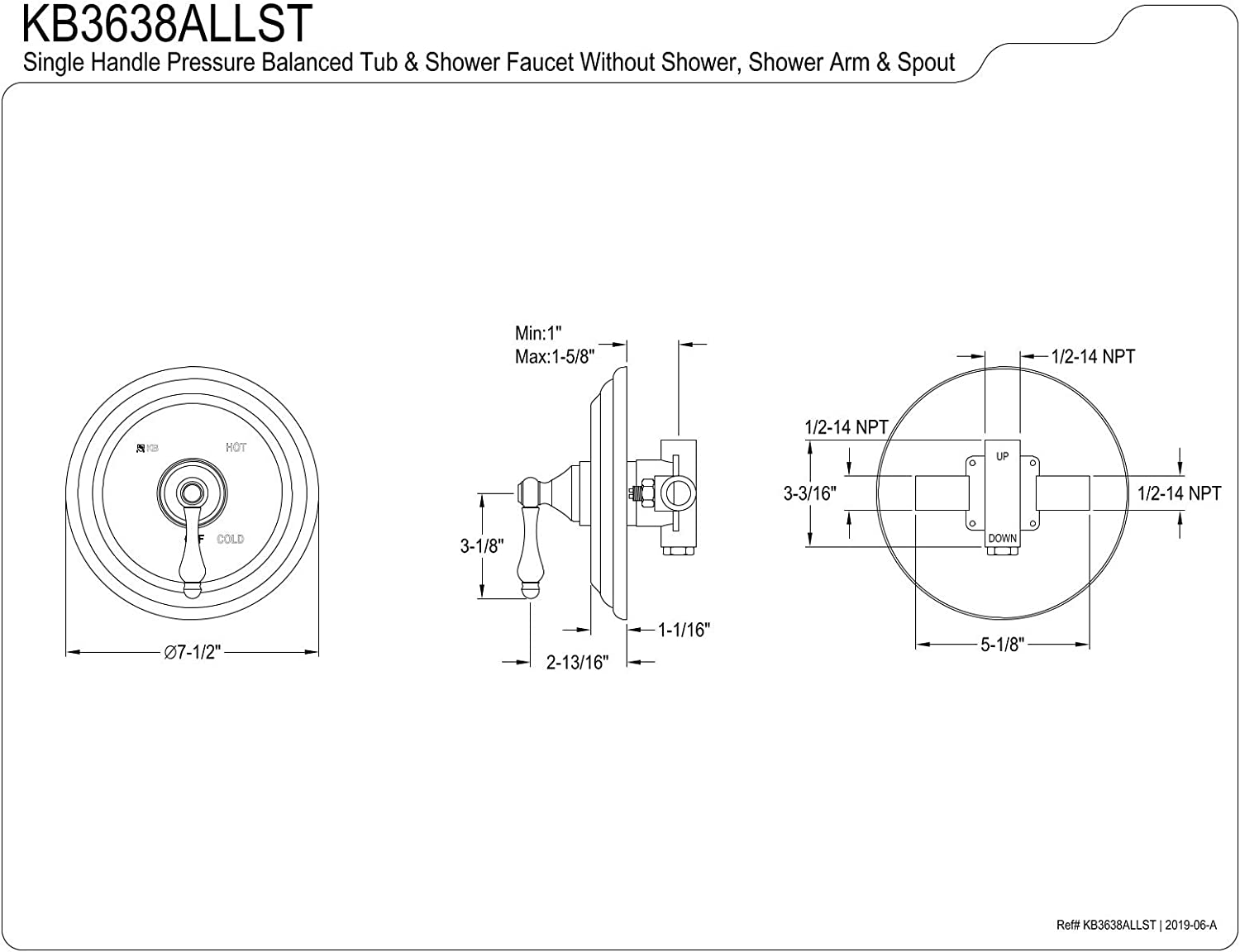 Kingston Brass KB3638ALLST Restoration Tub and Shower Faucet Valve and Trim Only, Brushed Nickel