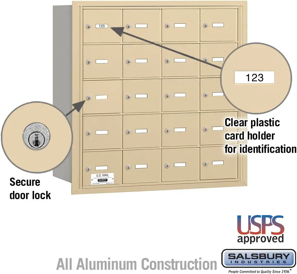 Salsbury Industries 3620SRU 4B Plus Horizontal Mailbox, 20 A Doors, Rear Loading, USPS Access, Sandstone