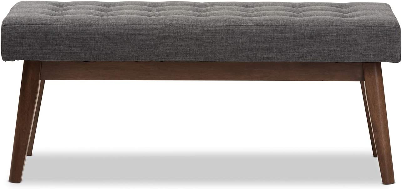 Baxton Studio Elia Mid-Century Modern Walnut Wood Dark Grey Fabric Button-Tufted Bench