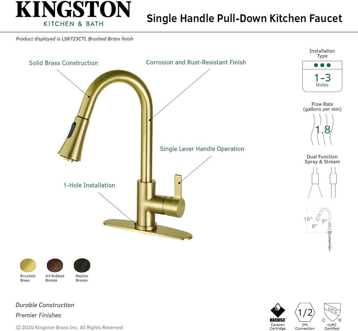 Gourmetier LS8723CTL Continental Single-Handle Pull-Down Kitchen Faucet, Brushed Brass