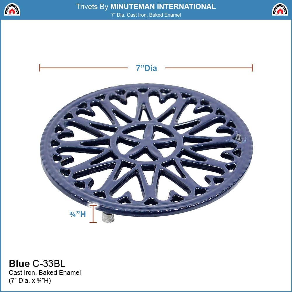 Minuteman International Sunburst, Blue woodstove Tabletop cast Iron Trivet, 7&#34; Diameter