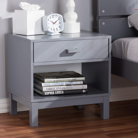 Baxton Studio Deirdre Modern and Contemporary Grey Wood 1-Drawer Nightstand/Contemporary/Grey/Light Wood/Rubber Wood/MDF