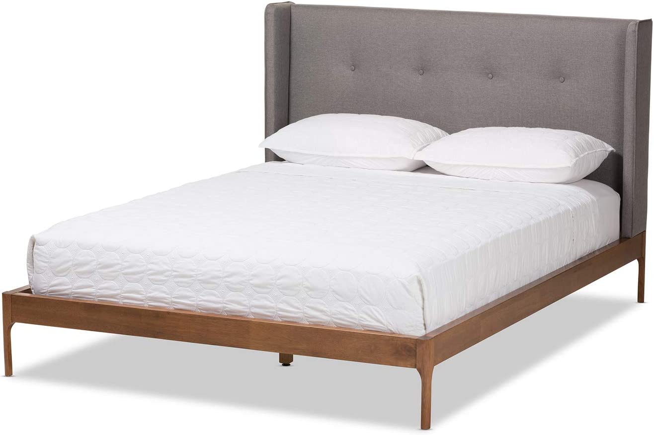 Baxton Studio Brooklyn Mid-Century Modern Walnut Wood Grey Fabric Queen Size Platform Bed Grey//Mid-Century/Fabric Polyester 100%&#34;/MDF/LVL/Rubber Wood/Foam