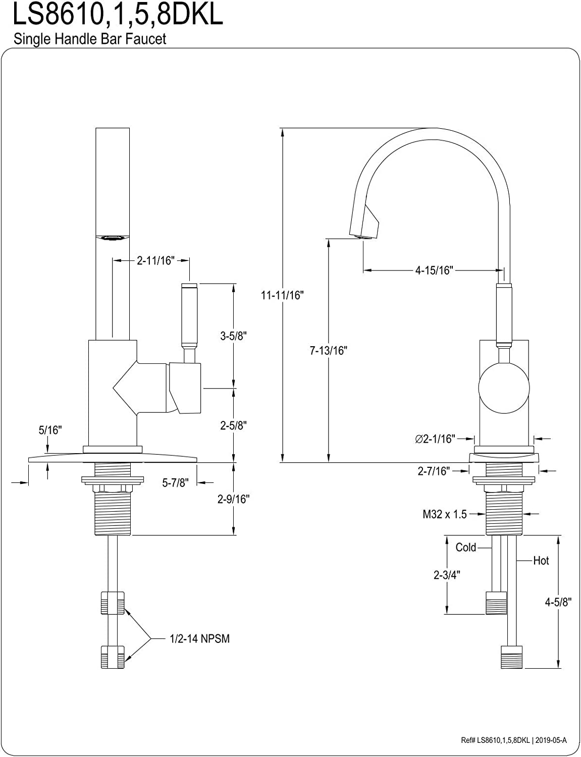 Kingston Brass LS8618DKL Kaiser Bar Faucet, Brushed Nickel