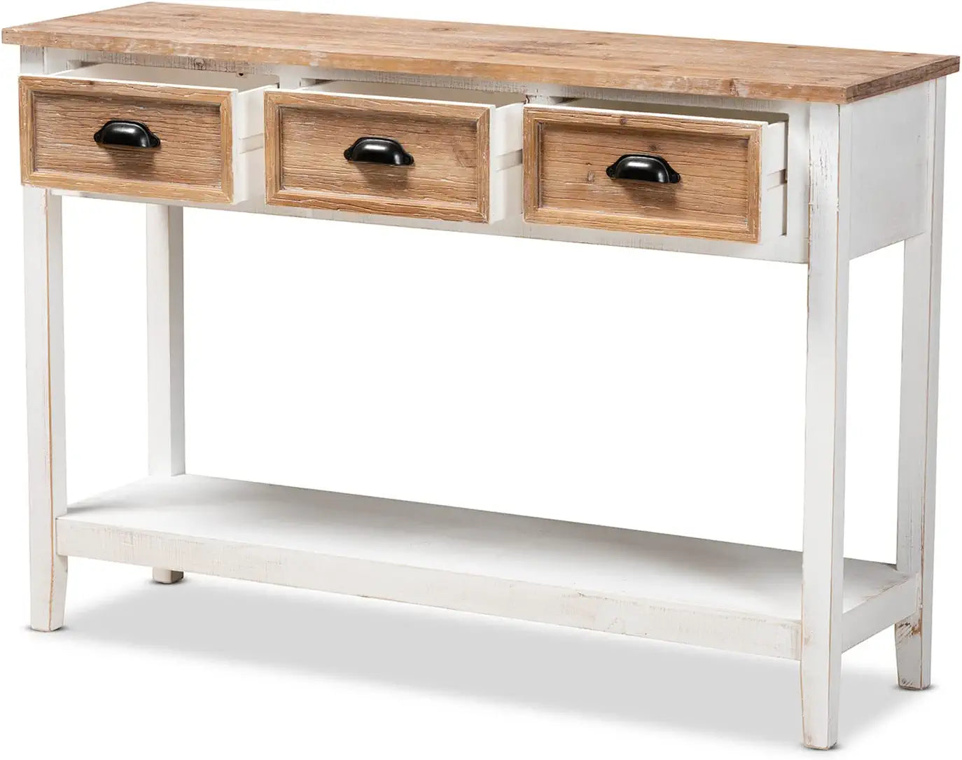 Baxton Studio Benedict Traditional Farmhouse and Rustic Two-Tone White and Oak Brown Finished Wood 3-Drawer Console Table