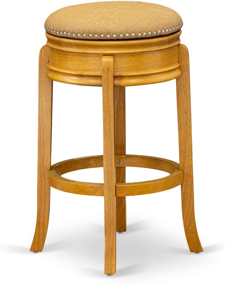 East West Furniture AMS030-416 Counter Height Bar Stool- Counter Height Bar Stool with Round Shape - Vegas Gold PU Leather Seat and 4 Solid Wood Curved Legs - Upholstered Bar Stool Oak Finish, 30