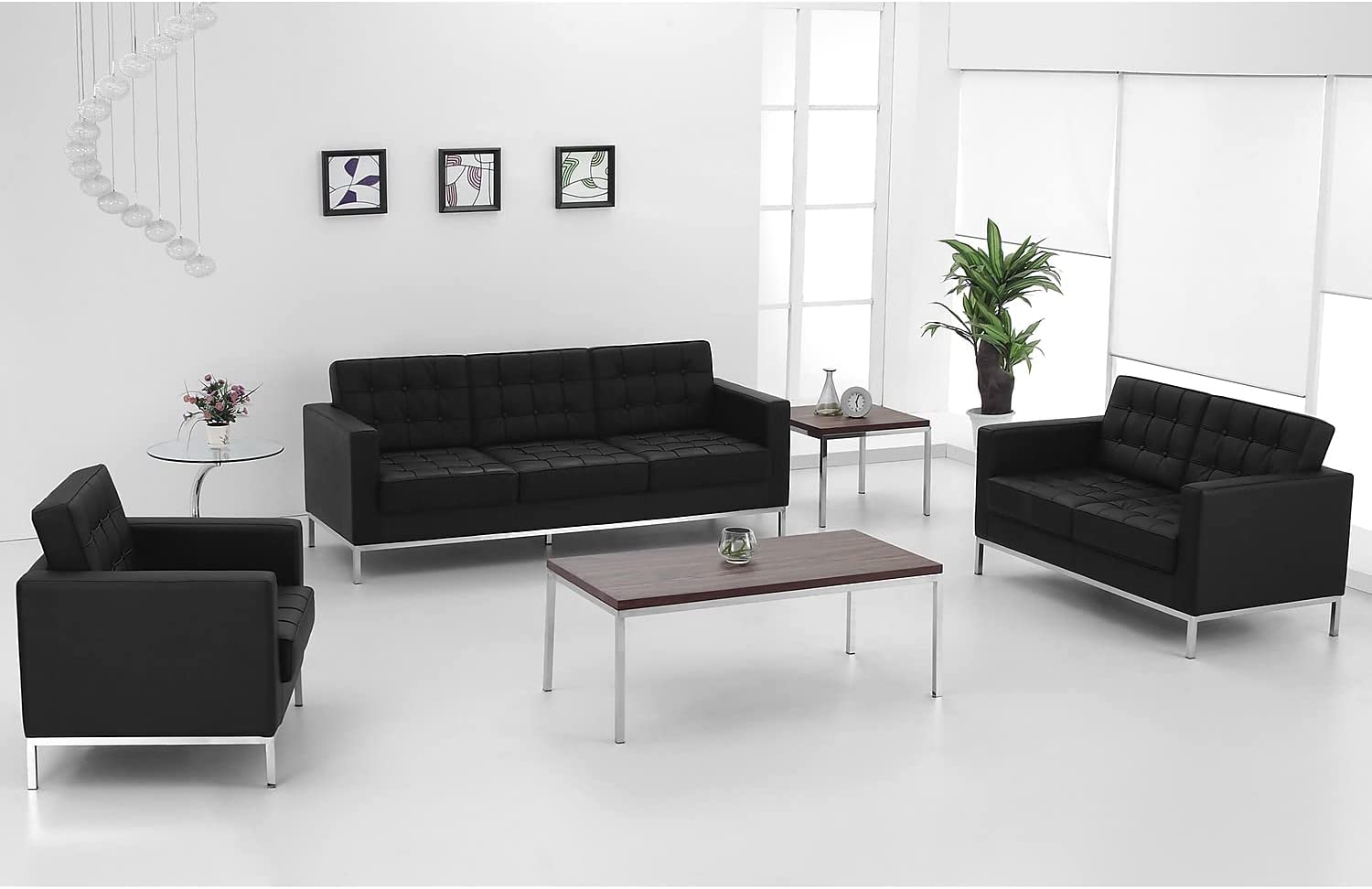 Flash Furniture HERCULES Lacey Series Contemporary Black LeatherSoft Loveseat with Stainless Steel Frame