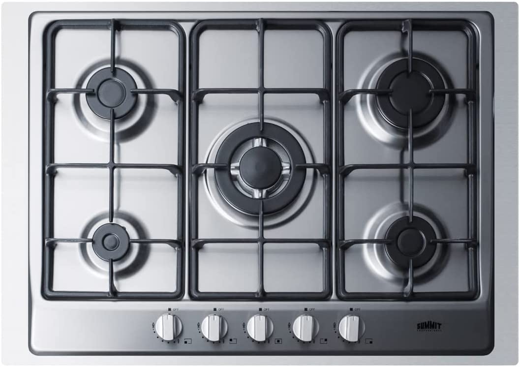 Summit Appliance GC527SSTK30 5-Burner Gas Cooktop in Stainless Steel with Sealed Burners, Cast Iron Grates, Wok Stand, and Stainless Steel Frame to Allow Installation in 30&#34; Wide Counter Openings