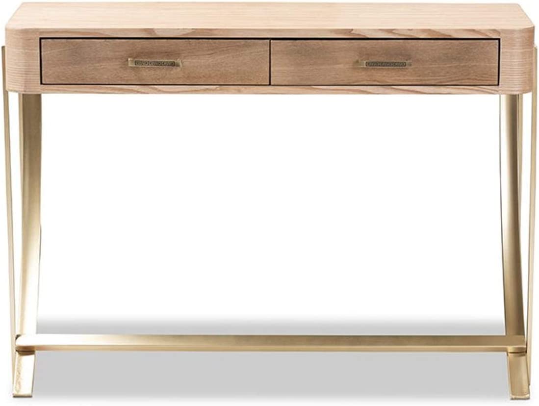 Baxton Studio Lafoy Modern and Contemporary Natural Brown Finished Wood and Gold Finished 2-Drawer Console Table