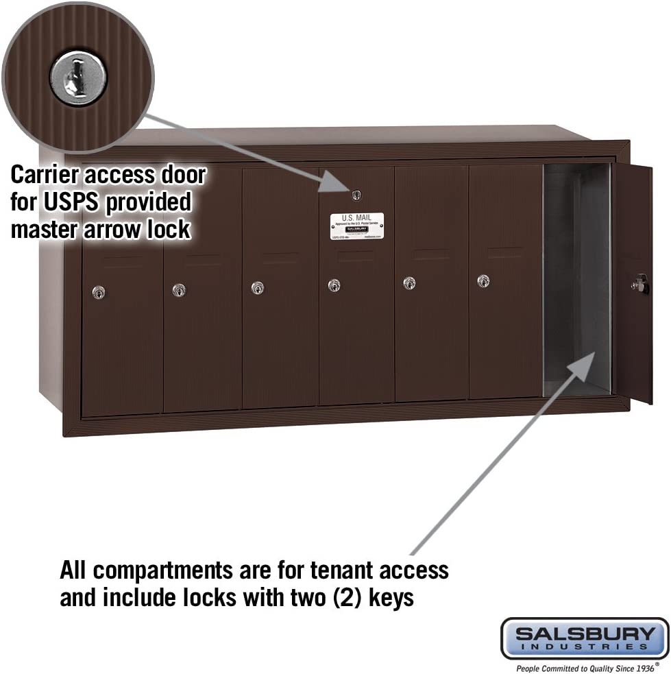 Salsbury Industries 3507ZRU Recessed Mounted Vertical Mailbox for use with USPS Lock, 7 Doors, Bronze