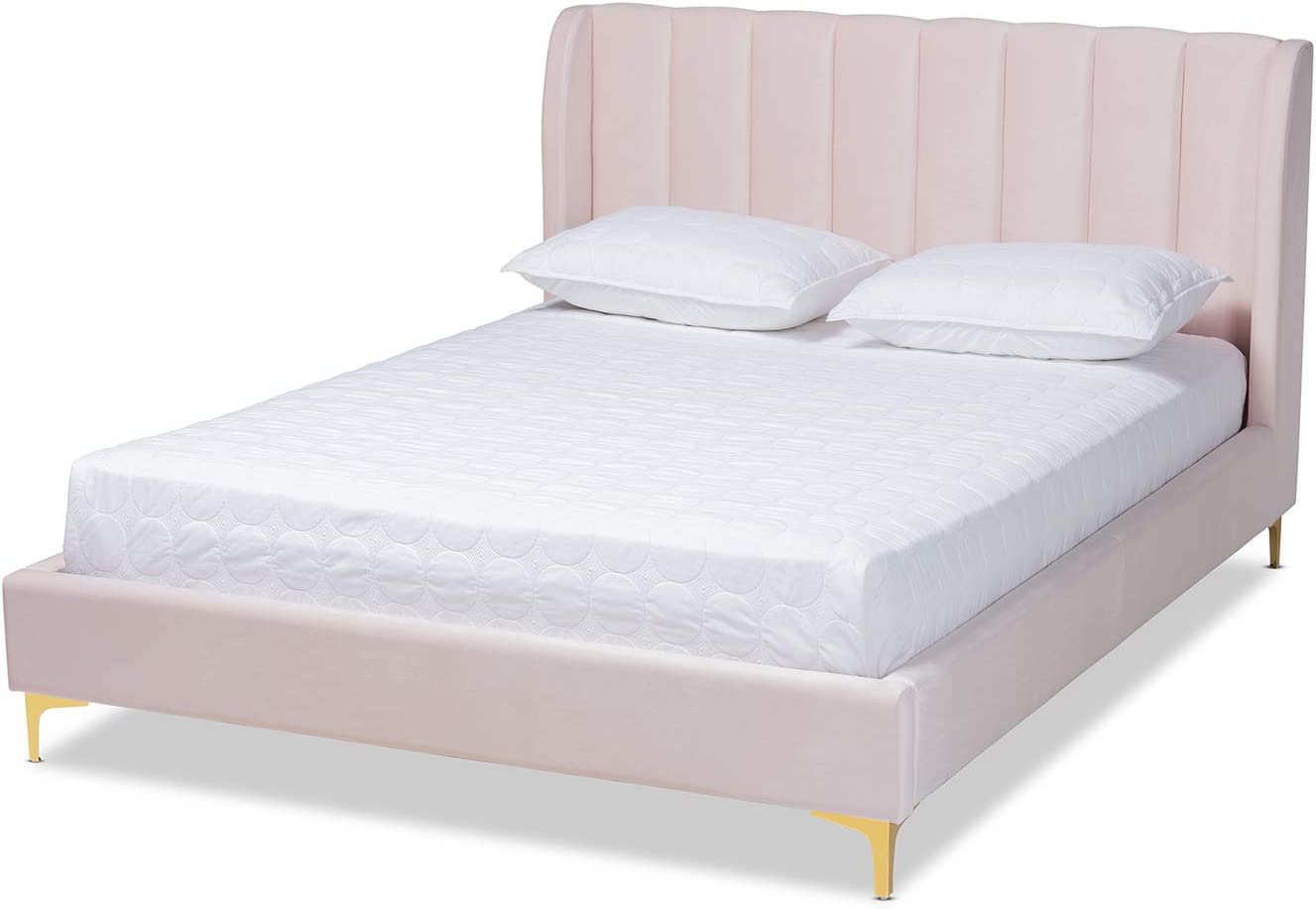 Baxton Studio Saverio Glam and Luxe Light Pink Velvet Fabric Upholstered Queen Size Platform Bed with Gold-Tone Legs