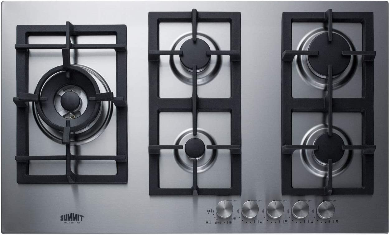 Summit Appliance GCJ536SS 34&#34; Wide 5-Burner Gas Cooktop, Stainless Steel, Sealed Burners, Wok Ring Included, Dual-Ring Burner, Front-of-Unit Controls, Built-In Installation, Conversion Kit Included