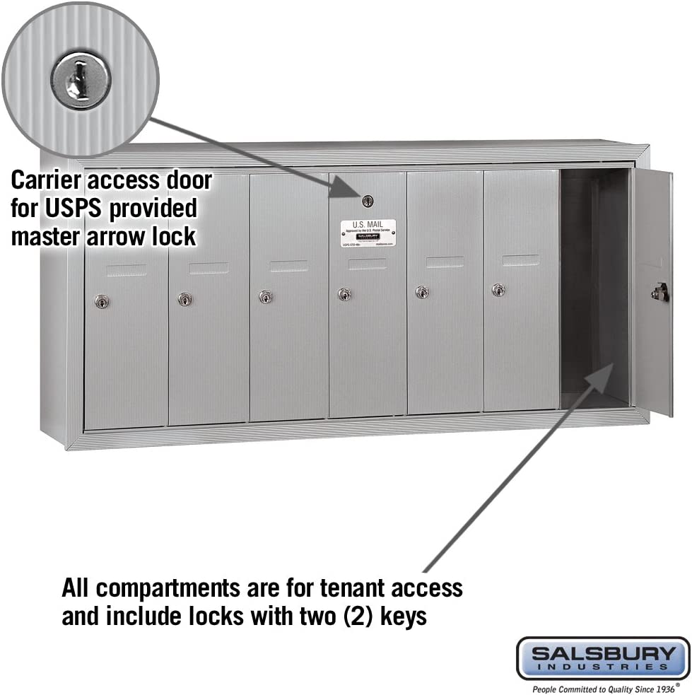 Salsbury Industries 3507ZSU Surface Mounted Vertical Mailbox with USPS Access and 7 Doors, Aluminum