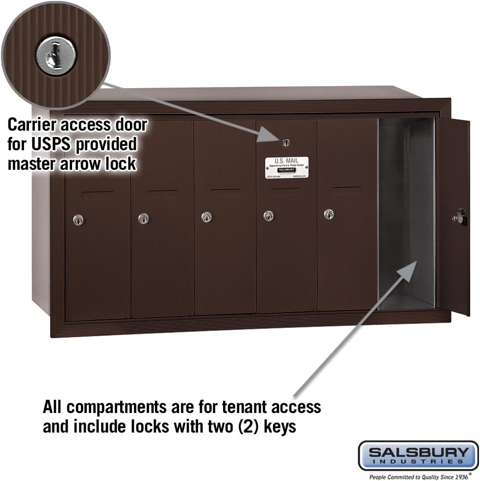 Salsbury Industries 3506ZRU Recessed Mounted Vertical Mailbox with USPS Access and 6 Doors, Bronze