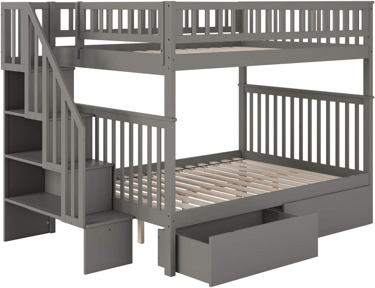 Atlantic Furniture Woodland Staircase Bunk Bed Full Over Full with 2 Urban Bed Drawers in Grey