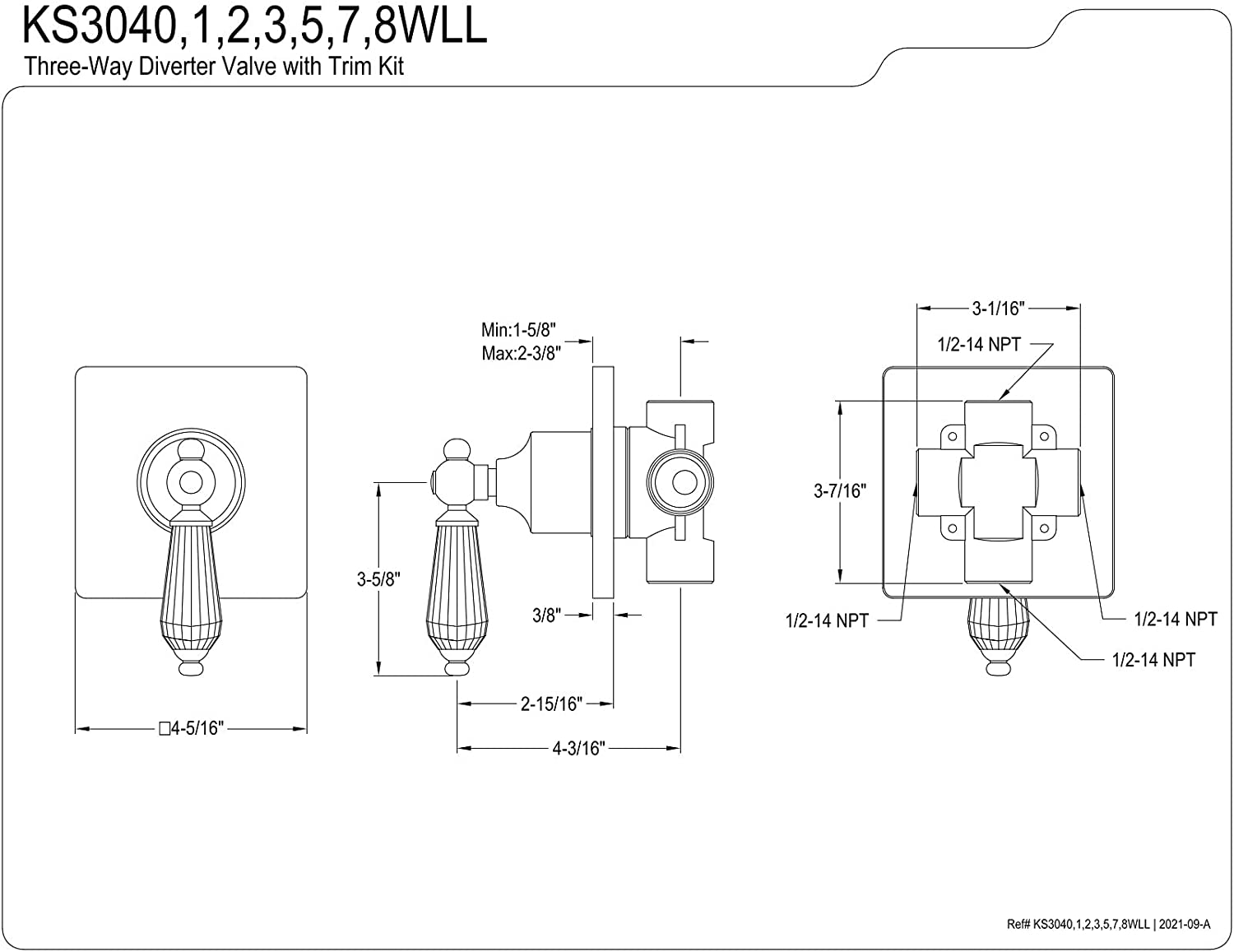 Kingston Brass KS3042WLL Wilshire Three-Way Diverter Valve with Trim Kit, Polished Brass