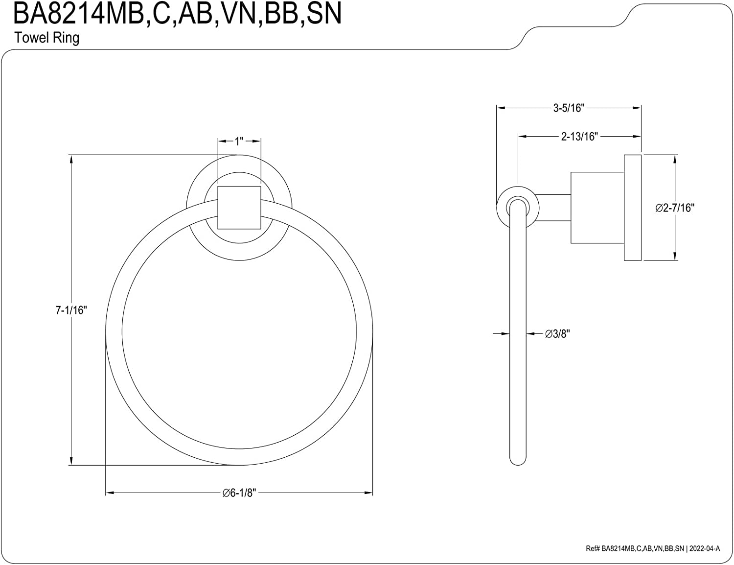 Kingston Brass BA8214MB Concord Towel Ring, Matte Black