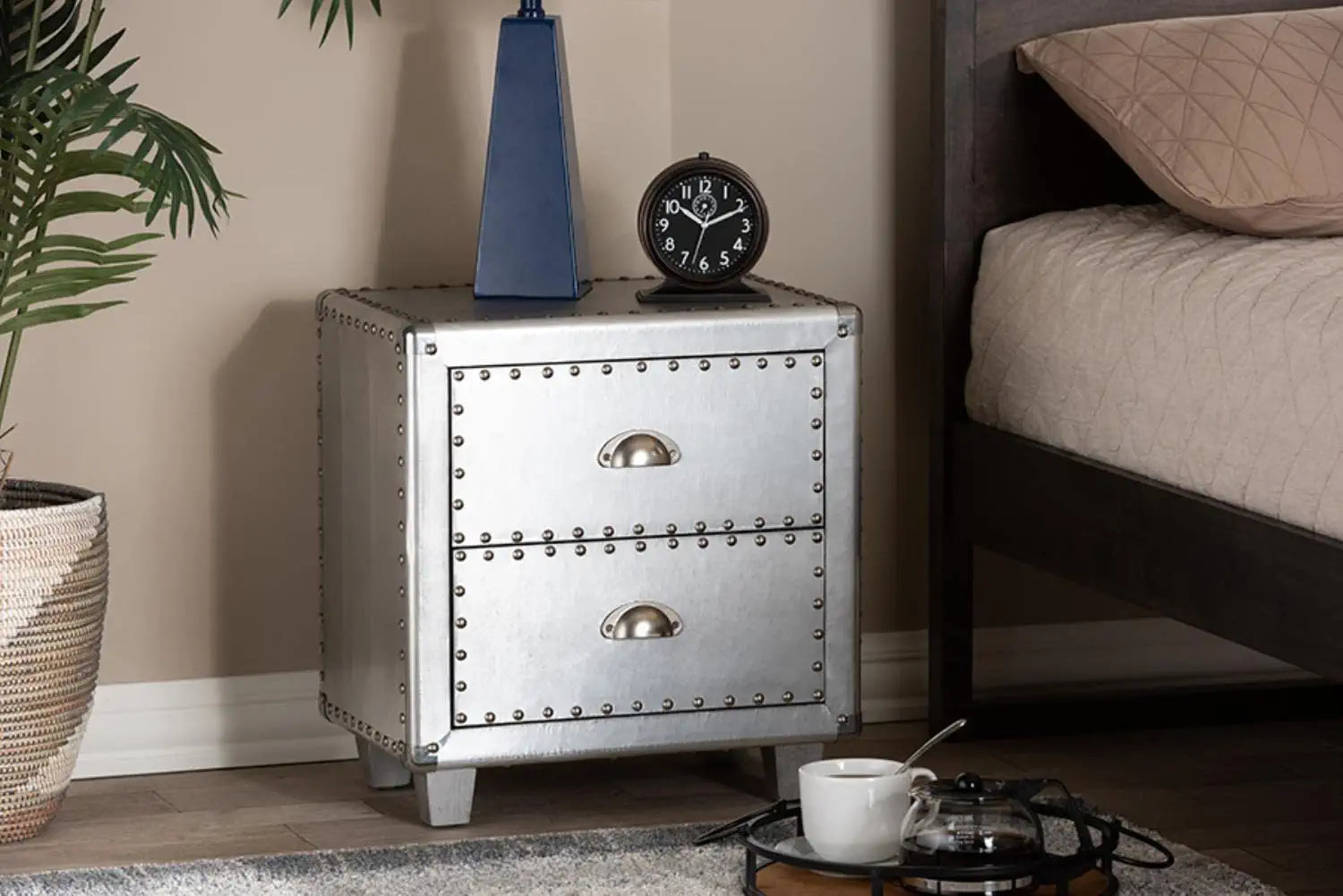 Baxton Studio Davet French Industrial Silver Metal 2-Drawer Nightstand