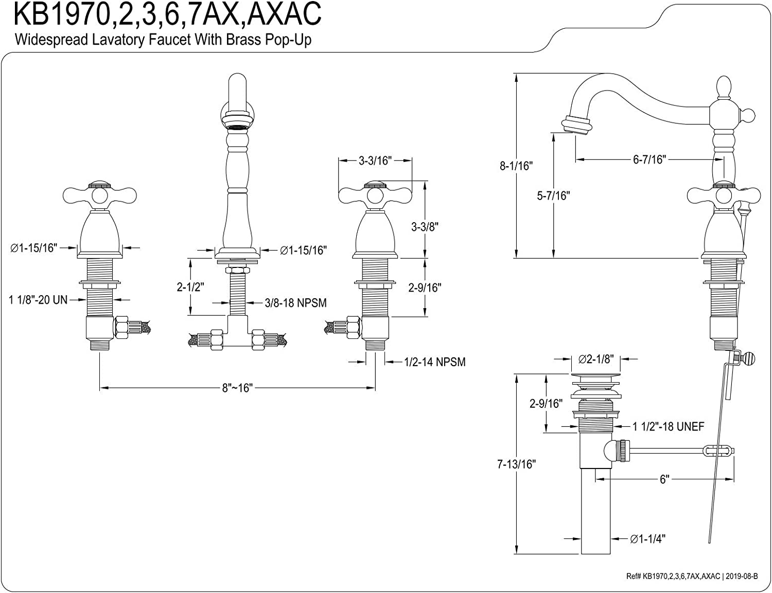 Kingston Brass KB1977AX 8 in. Widespread Bathroom Faucet, Brushed Brass