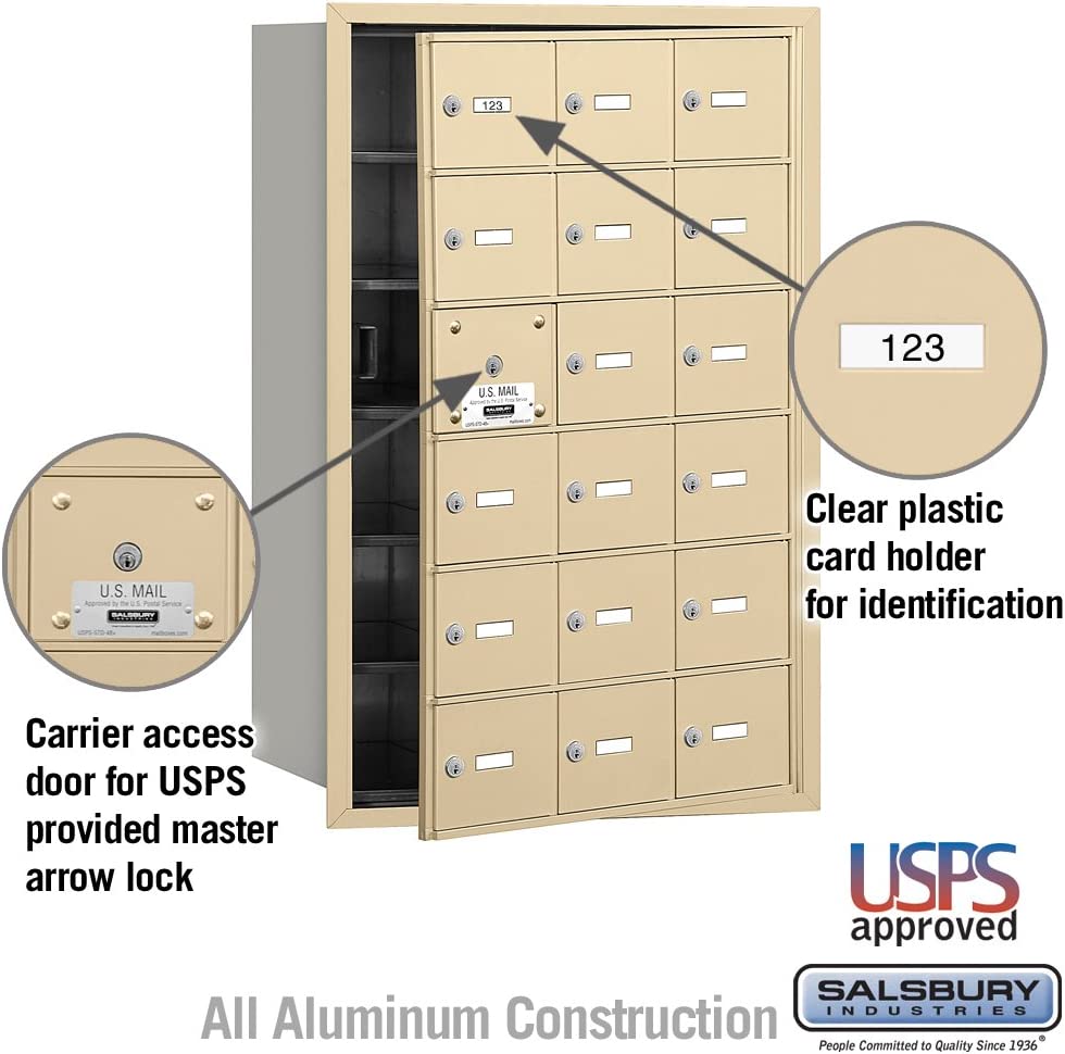 Salsbury Industries 3618SFU 4B Plus Horizontal Mailbox, 18 A Doors 17 Usable, Front Loading, USPS Access, Sandstone