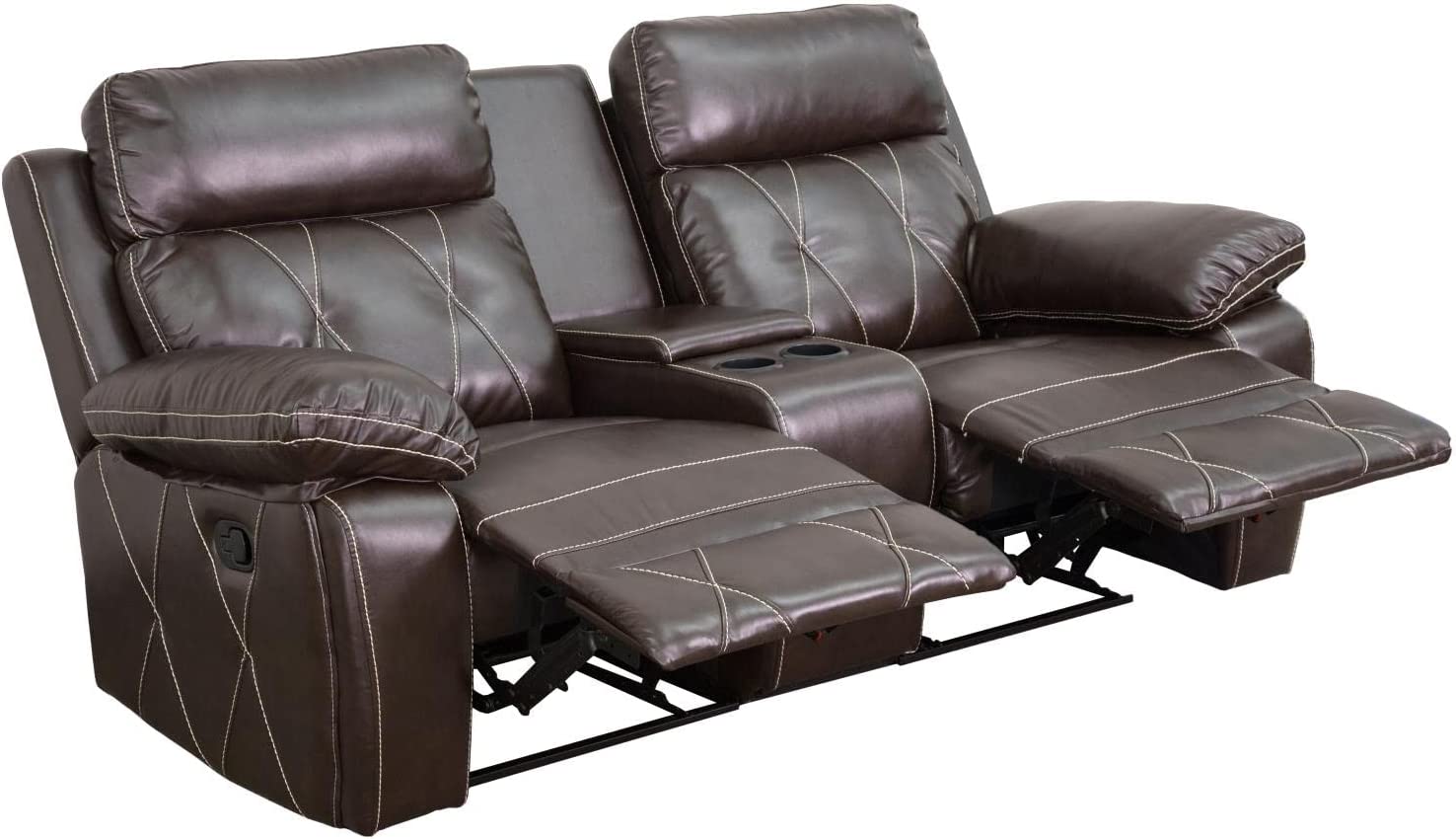 Flash Furniture Reel Comfort Series 2-Seat Reclining Brown LeatherSoft Theater Seating Unit with Straight Cup Holders