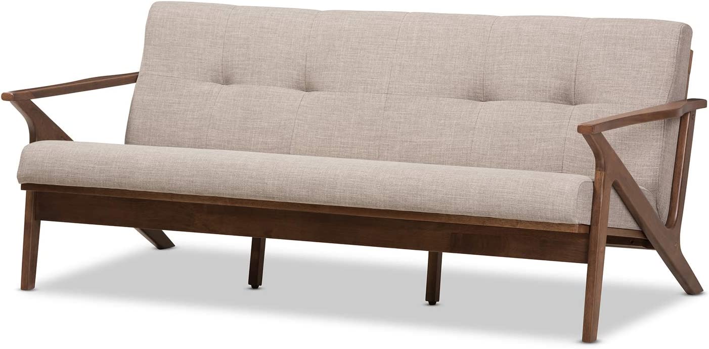 Baxton Studio Bianca 3-Seater Sofa/Mid-Century/Fabric Polyester 100%&#34;/Rubber Wood/Light Grey/Walnut Brown