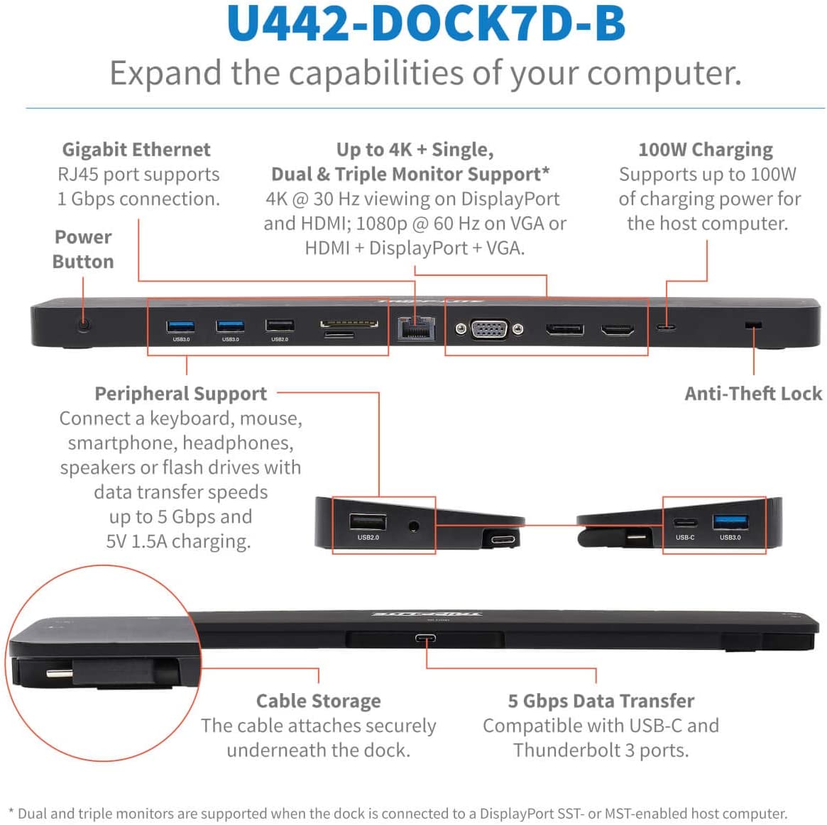 Tripp Lite USB-C Docking Station with Triple Display, 4K HDMI @ 30 Hz, DisplayPort, VGA, USB-A 3.2 Gen 1, Gigabit Ethernet Port, 100W PD Charging, Black Housing, 3-Year Warranty (U442-DOCK7D-B)