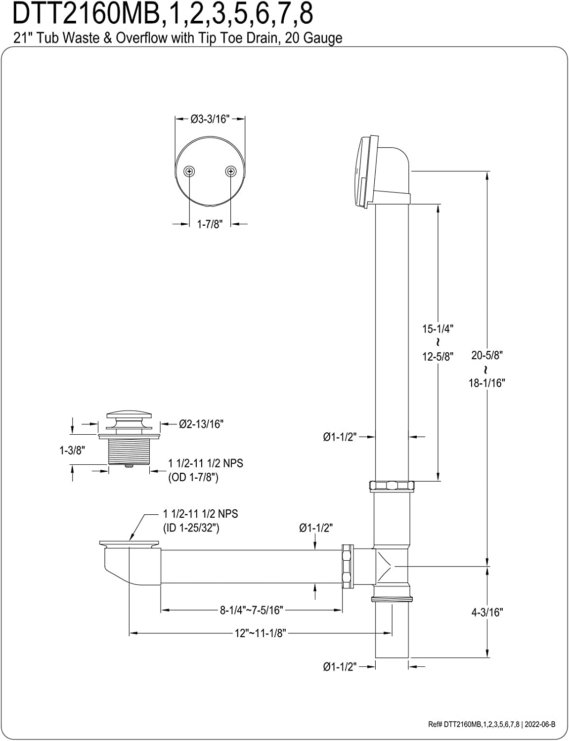 Kingston Brass DTT2168 Tip-Toe Bath Tub Drain and Overflow, Brushed Nickel