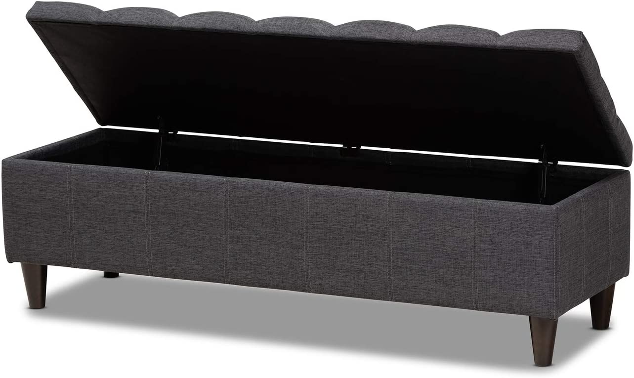 Baxton Studio Brette Mid-Century Modern Charcoal Fabric Upholstered Dark Brown Finished Wood Storage Bench Ottoman