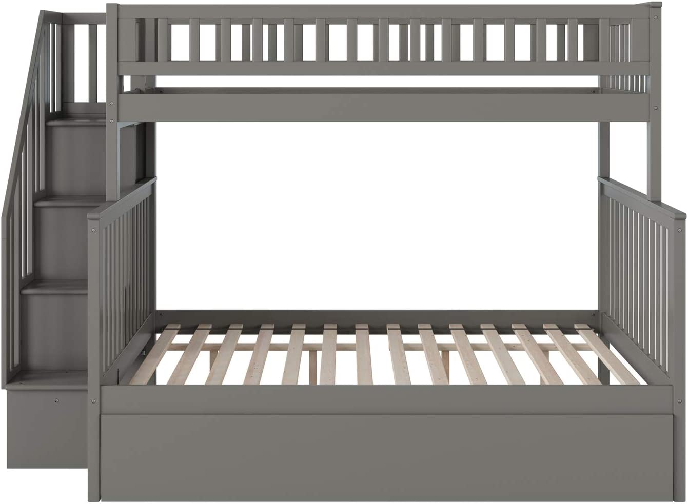 Atlantic Furniture Woodland Staircase Bunk Bed Twin Over Twin with Twin Size Urban Trundle Bed in Grey