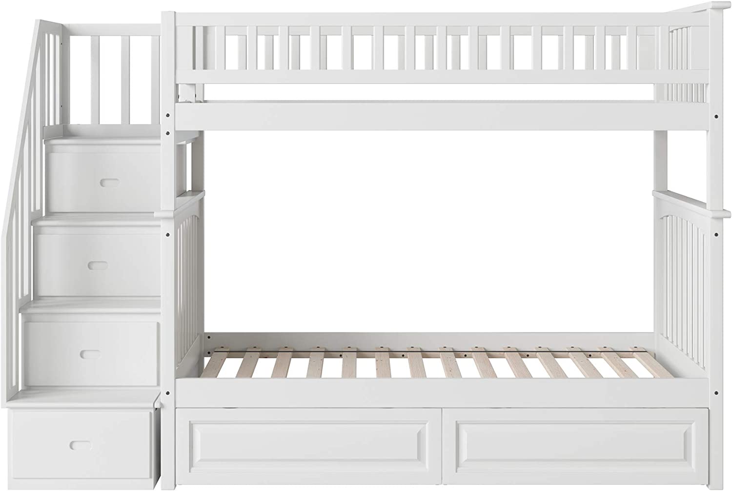 AFI Columbia Staircase Bunk with Turbo Charger and Raised Panel Bed Drawers, Twin over Twin, White