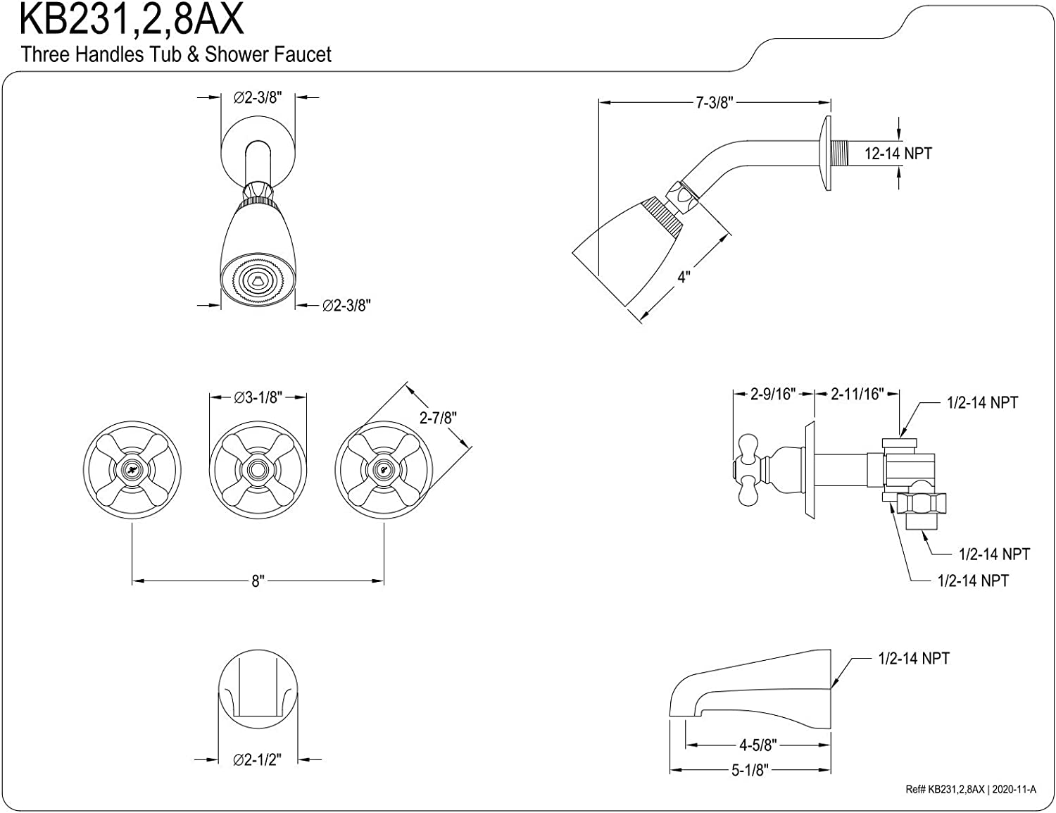 Kingston Brass KB232AX Tub and Shower Faucet with Three Cross Handles, Polished Brass 5-Inch Spout Reach