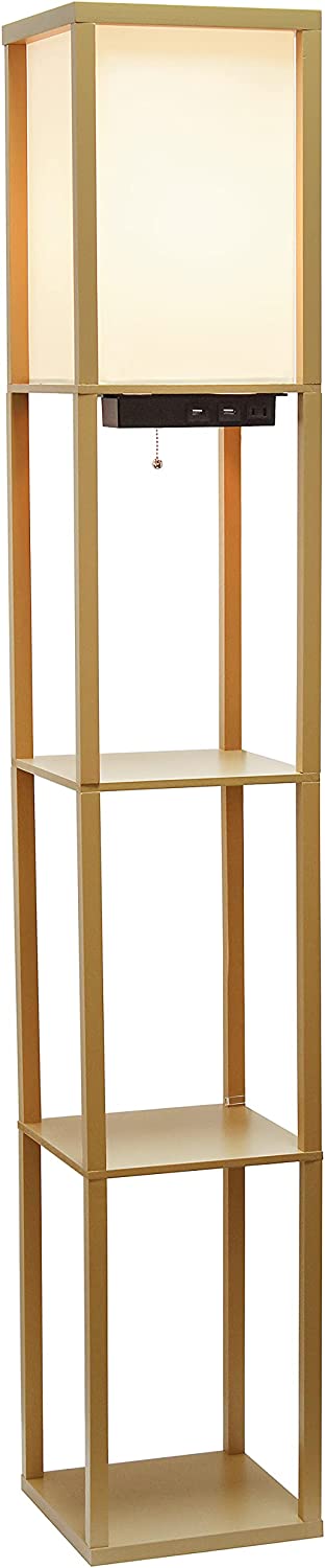 Simple Designs LF1037-TAN Organizer Storage Shelf with 2 Ports, 1 Charging Outlet and Linen Shade USB Etagere Floor Lamp, Tan