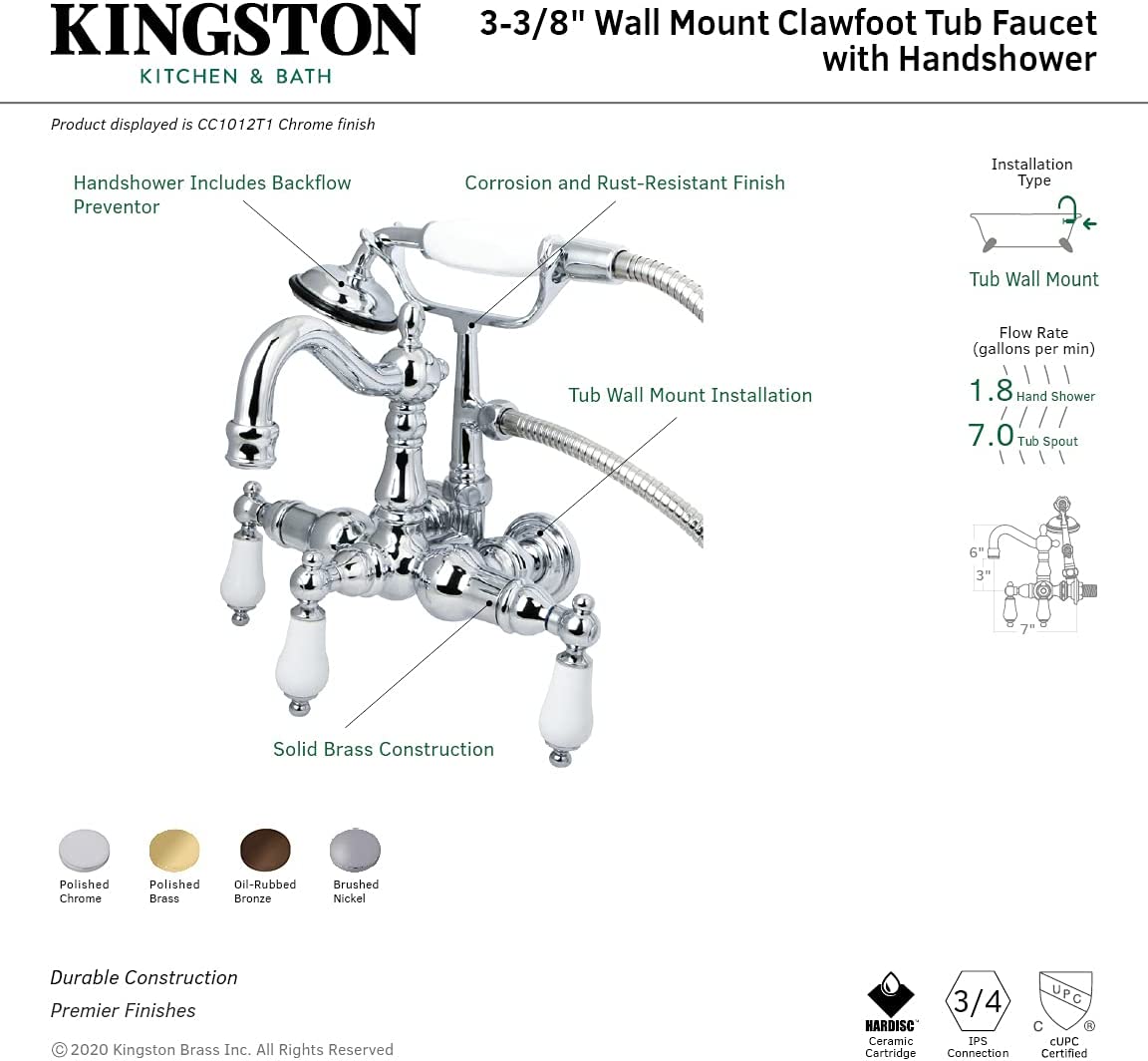 Kingston Brass CC1011T2 Vintage Clawfoot Tub Faucet, 3-3/8-Inch Center, Polished Brass