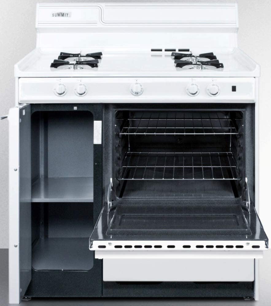 Summit Appliance WNM4307 36&#34; Wide Gas Range in White with Electronic Ignition, Side Storage Cabinet, Broiler Drawer, Broiler Tray, Recessed Oven Door