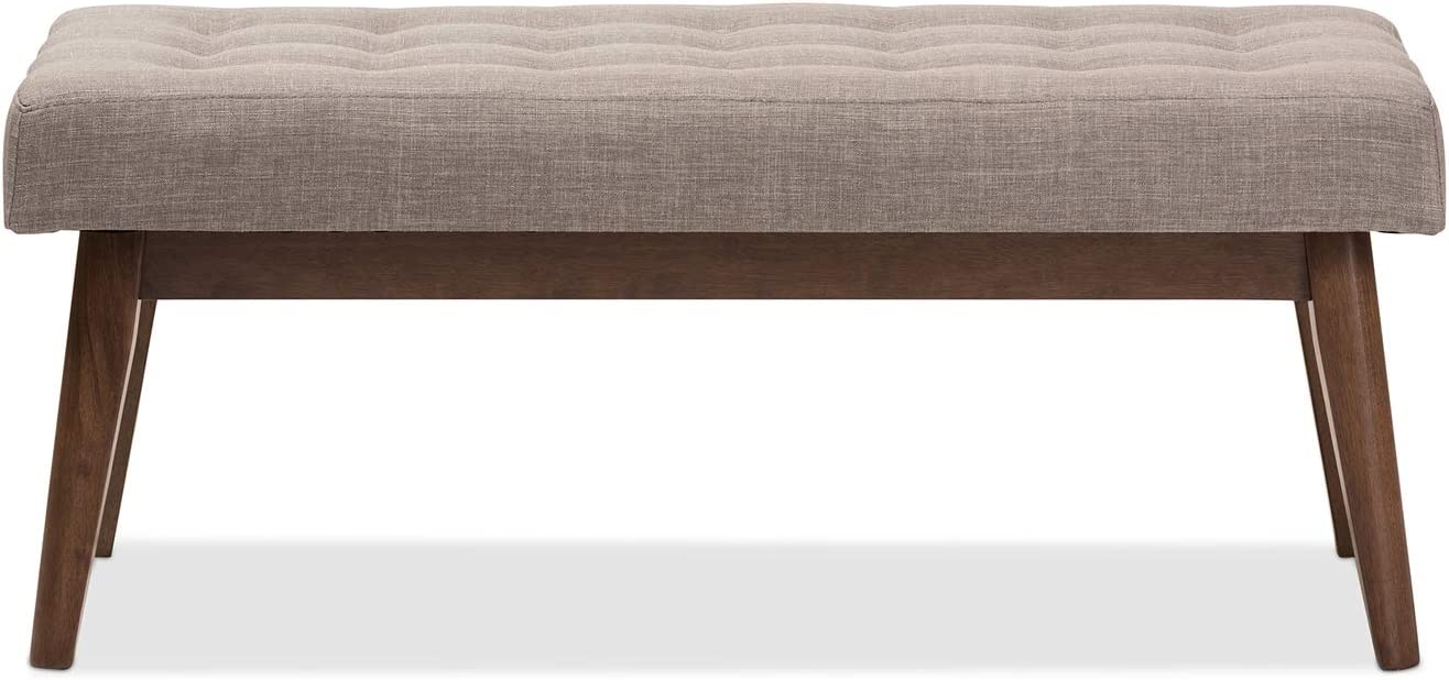 Baxton Studio Elia Mid-Century Modern Walnut Wood Light Grey Fabric Button-Tufted Bench/Mid-Century/Fabric Polyester 100%&#34;/Rubber Wood/Light Grey/Walnut Brown