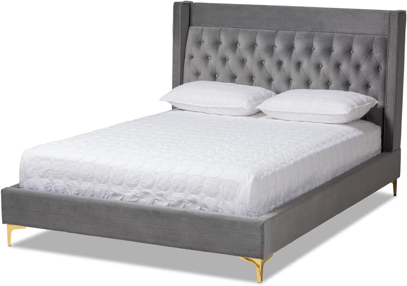 Baxton Studio Valery Modern and Contemporary Dark Gray Velvet Fabric Upholstered Queen Size Platform Bed with Gold-Finished Legs