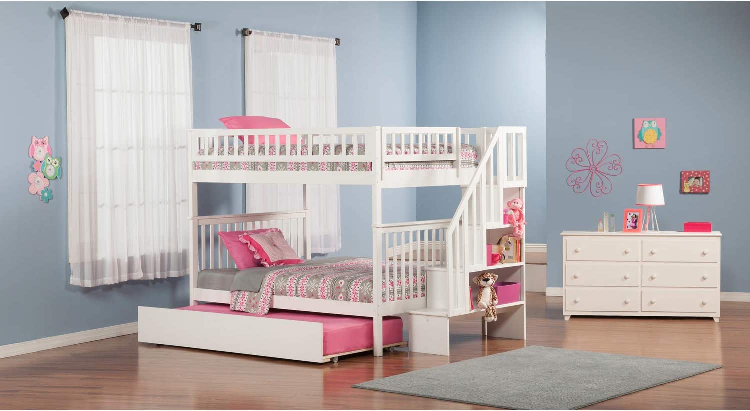Atlantic Furniture Woodland Staircase Bunk Bed Full Over Full with Full Size Urban Trundle Bed in White