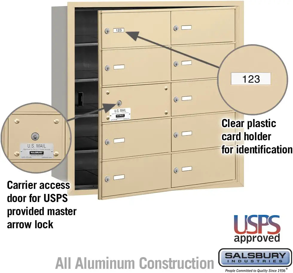 Salsbury Industries 3610SFU 4B Plus Horizontal Mailbox, 10 B Doors 9 Usable, Front Loading, USPS Access, Sandstone