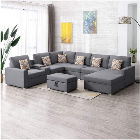 Lilola Home Nolan Linen Fabric 8Pc Reversible Chaise Sectional Sofa with Interchangeable Legs, Pillows, Storage Ottoman, and a USB, Charging Ports, Cupholders, Storage Console Table