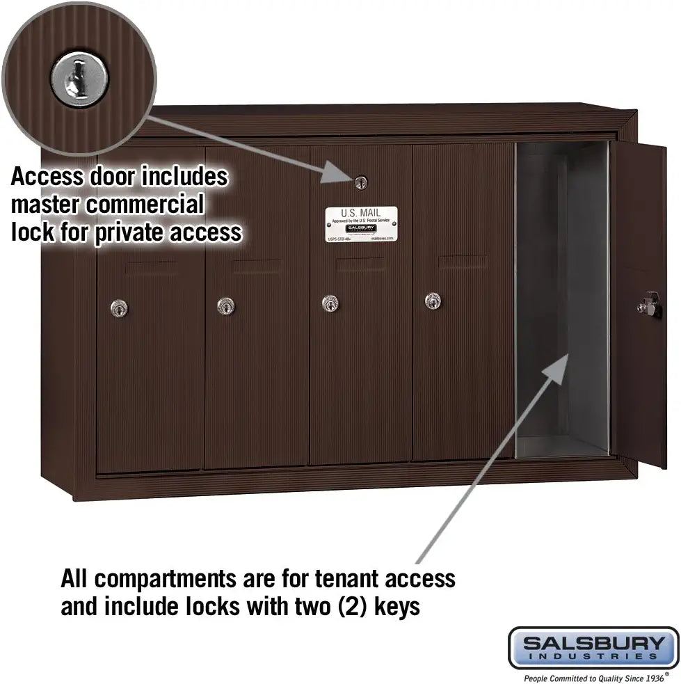 Salsbury Industries 3505ZSP Surface Mounted Vertical Mailbox with Master Commercial Lock, Private Access and 5 Doors, Bronze