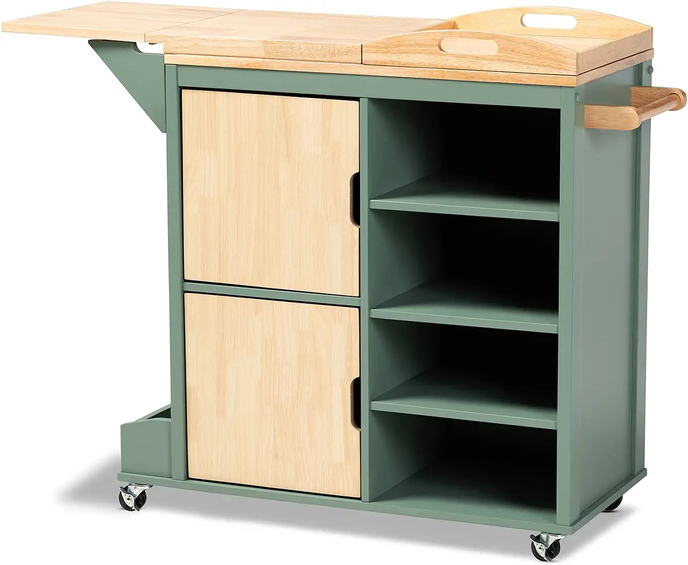 Wholesale Interiors Baxton Studio Dorthy Coastal and Farmhouse Two-Tone Dark Green and Natural Wood Kitchen Storage Cart