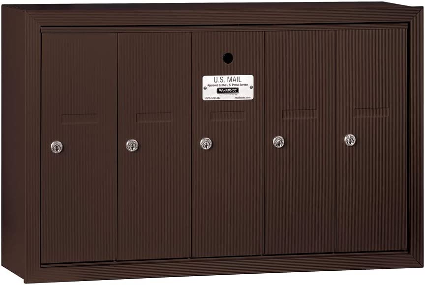 Salsbury Industries 3505ZSU Surface Mounted Vertical Mailbox with USPS Access and 5 Doors, Bronze