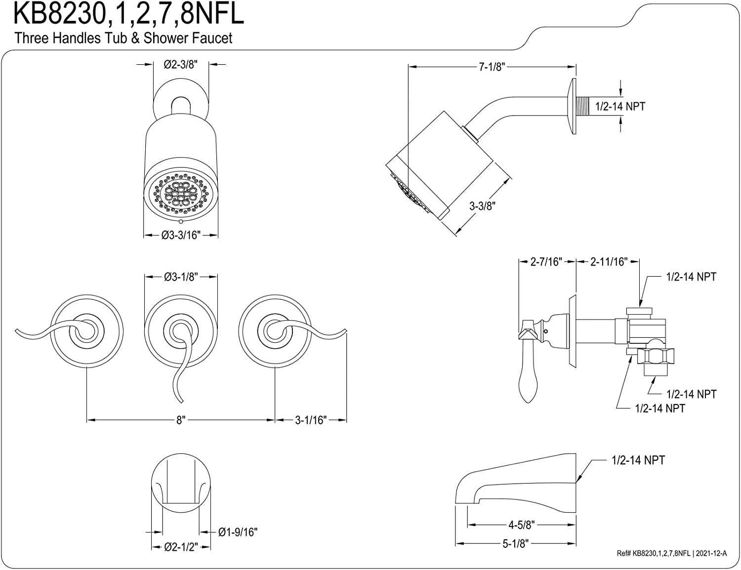 Kingston Brass KB8231NFL NuWave French 3 Handle Tub and Shower Faucet, Polished Chrome,3-1/8 inch Diameter Escutcheon