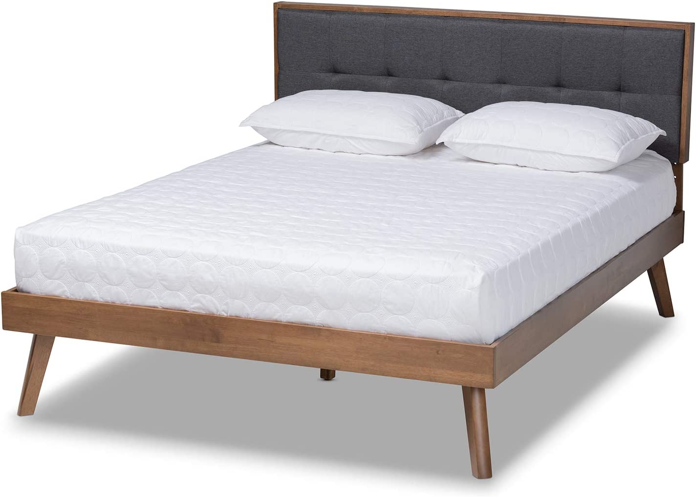 Baxton Studio Alke Mid-Century Modern Dark Grey Fabric Upholstered Walnut Brown Finished Wood Queen Size Platform Bed