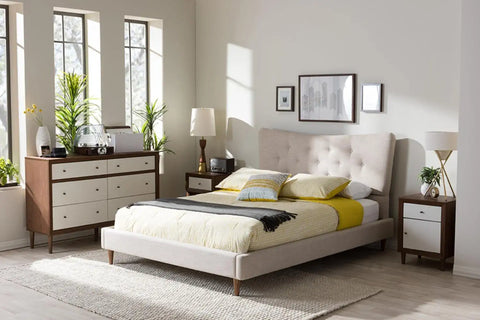 Baxton Studio Hannah Mid-Century Modern Beige Linen Queen Size Platform Bed
