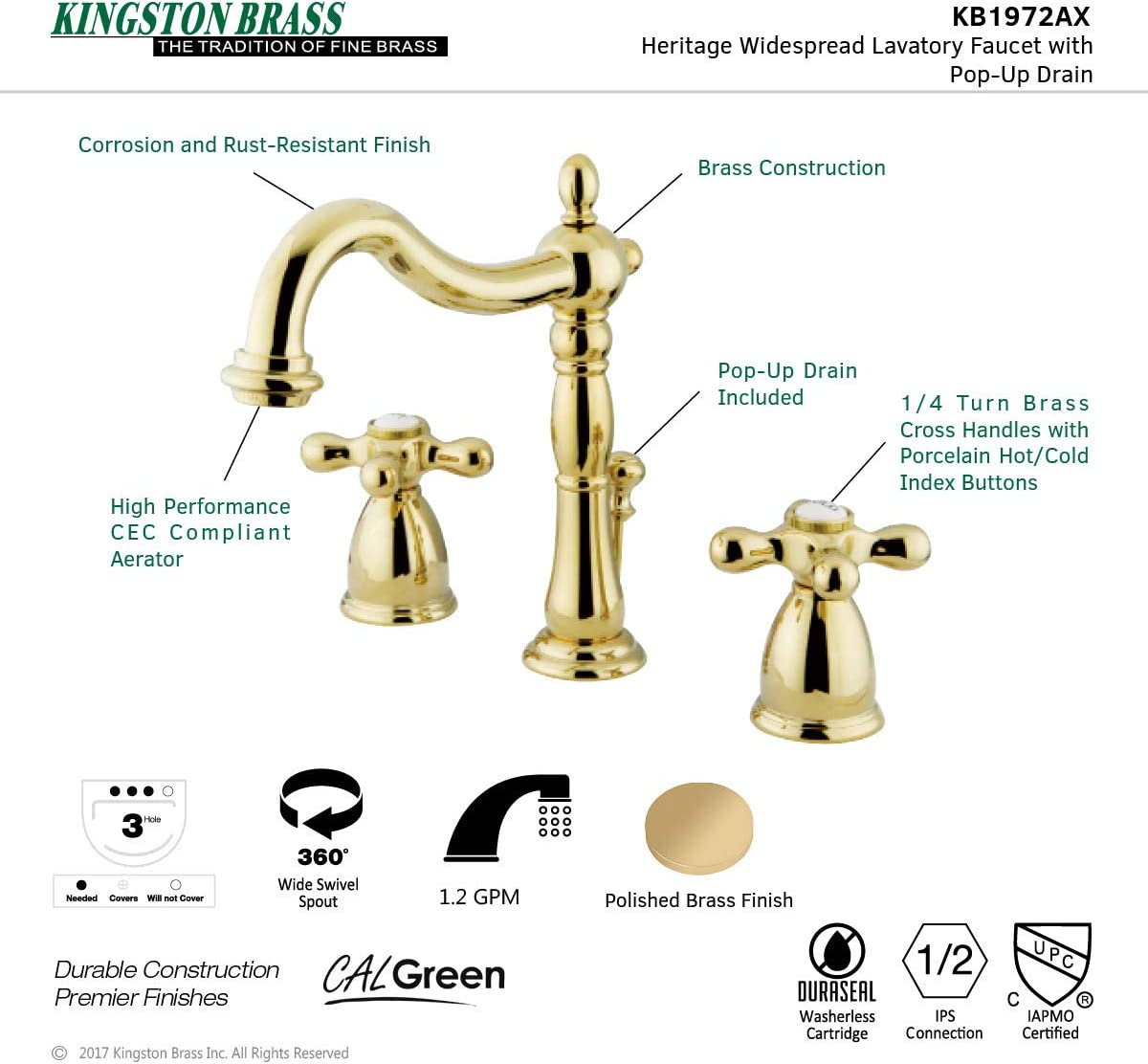 Kingston Brass KB1973AX 8 in. Widespread Bathroom Faucet, Antique Brass