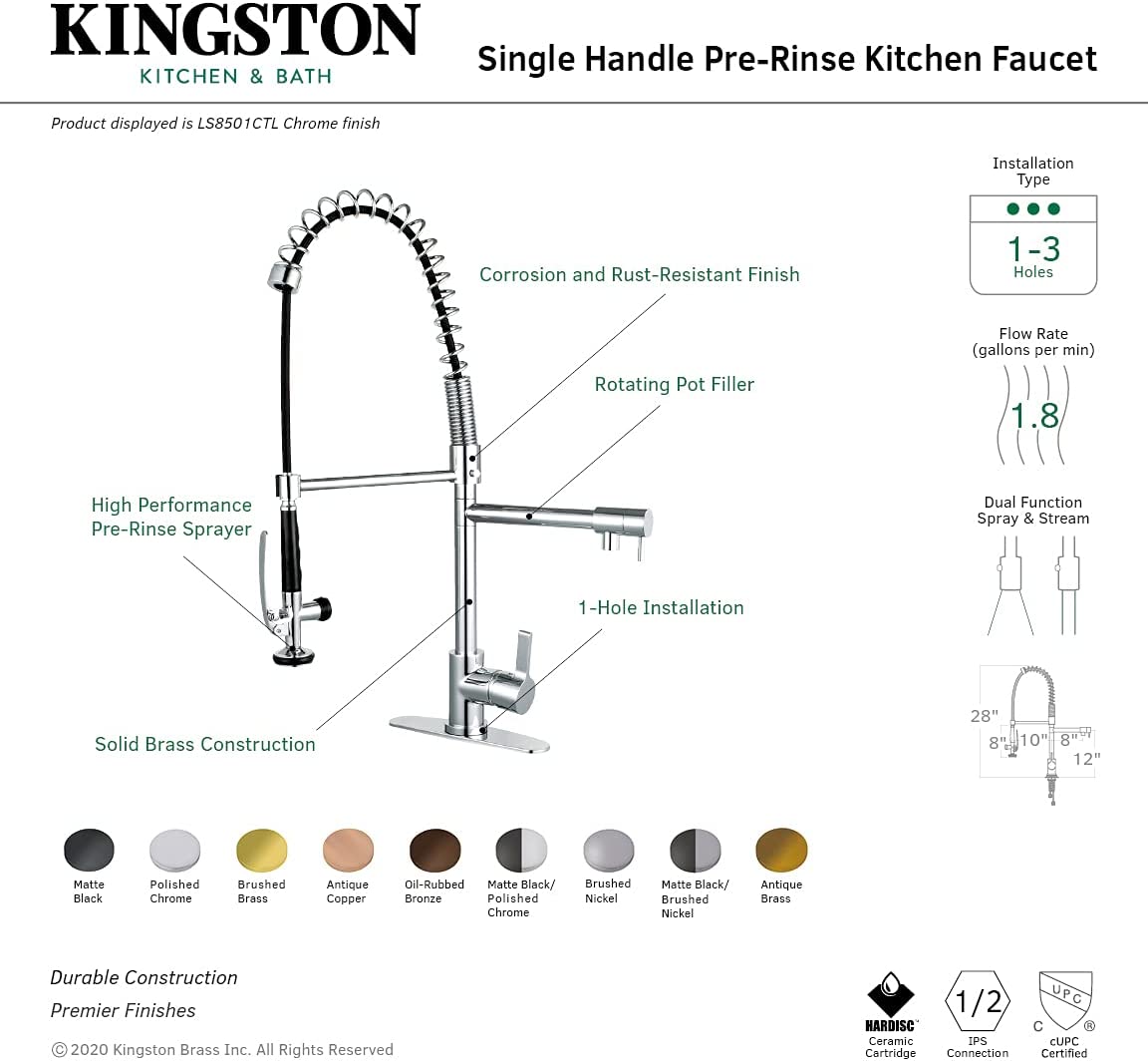 Kingston Brass LS8503CTL Continental Pre-Rinse Kitchen Faucet, Brushed Brass