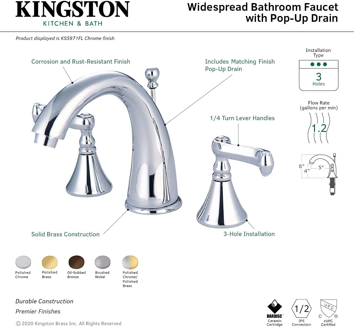 Kingston Brass KS5972FL Royale Widespread Lavatory Faucet with French Lever Handle, Polished Brass
